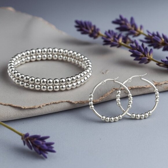 NKULTD Jewelry - Minimalist Beaded Hoop Earrings And Stretchy Bracelet Set Stainless Steel